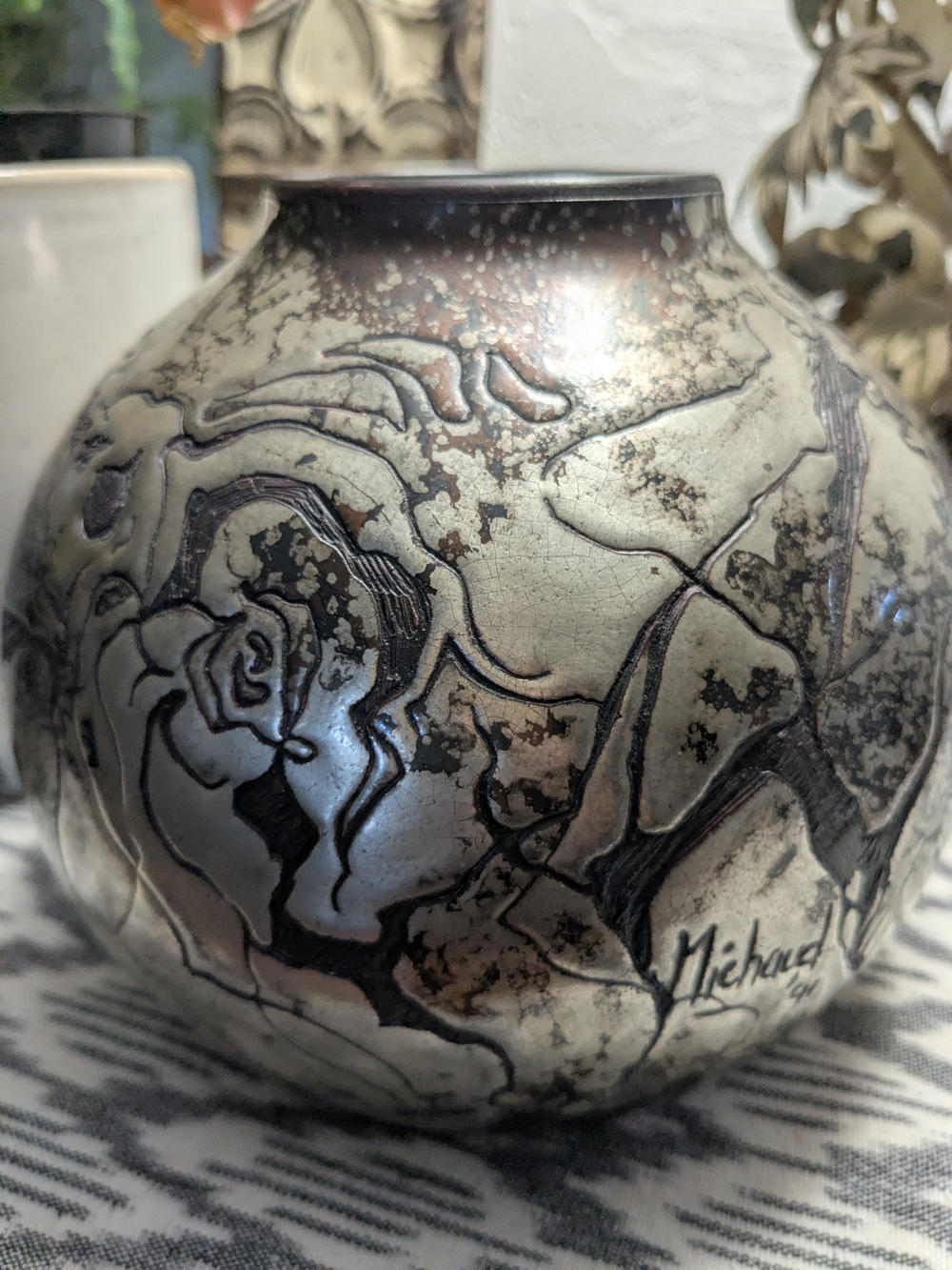 Handcrafted Metallic Floral Ceramic Vase in Silver by